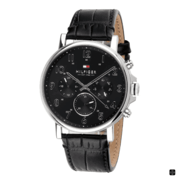 Original Tommy Hilfiger 1710381 Leather Round Analog Water Resistant Watch for Men- 44mm - Black leather with black dial