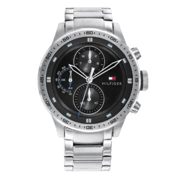 Original Tommy Hilfiger Men's TRENT Round Shape Stainless Steel Analog Wrist Watch 46 mm - Silver metal belt with Black dial - 1791805 -1