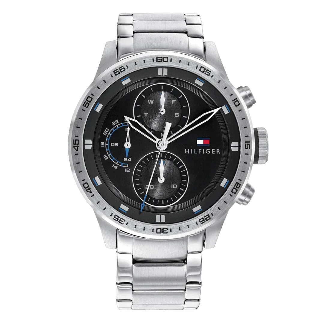 Original Tommy Hilfiger Men's TRENT Round Shape Stainless Steel Analog Wrist Watch 46 mm - Silver metal belt with Black dial - 1791805 -1 Original Tommy Hilfiger Men's TRENT Round Shape Stainless Steel Analog Wrist Watch 46 mm - Silver metal belt with Black dial - 1791805 -1