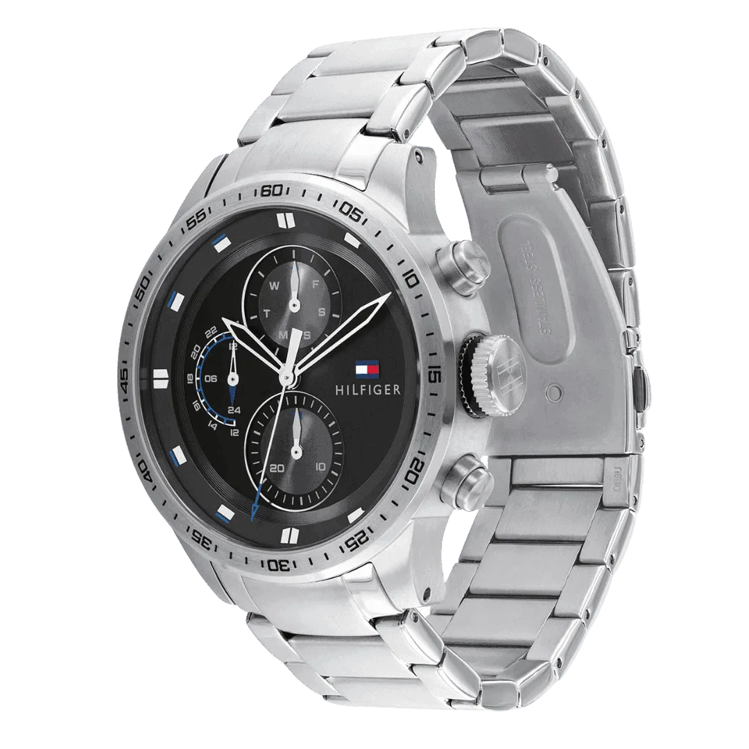 Original Tommy Hilfiger Men's TRENT Round Shape Stainless Steel Analog Wrist Watch 46 mm - Silver metal belt with Black dial - 1791805 -2 Original Tommy Hilfiger Men's TRENT Round Shape Stainless Steel Analog Wrist Watch 46 mm - Silver metal belt with Black dial - 1791805 -2