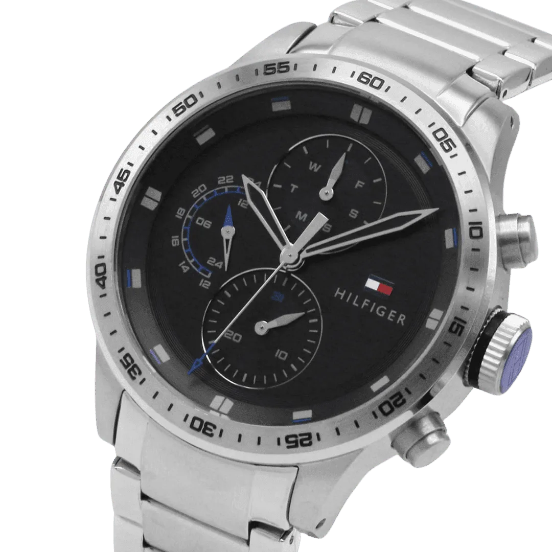 Original Tommy Hilfiger Men's TRENT Round Shape Stainless Steel Analog Wrist Watch 46 mm - Silver metal belt with Black dial - 1791805 -3 Original Tommy Hilfiger Men's TRENT Round Shape Stainless Steel Analog Wrist Watch 46 mm - Silver metal belt with Black dial - 1791805 -3