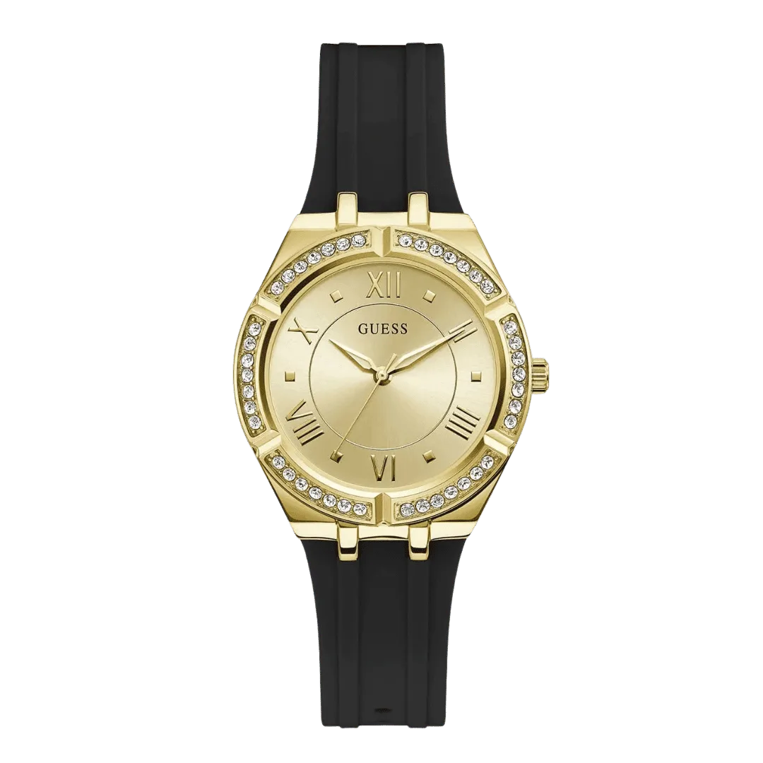Original GUESS - GW0034L1 - WATCH FOR LADIES GOLD WITH CRYSTALS & BLACK SILICONE STRAP ROMAN NUMBERS - 36mm-1