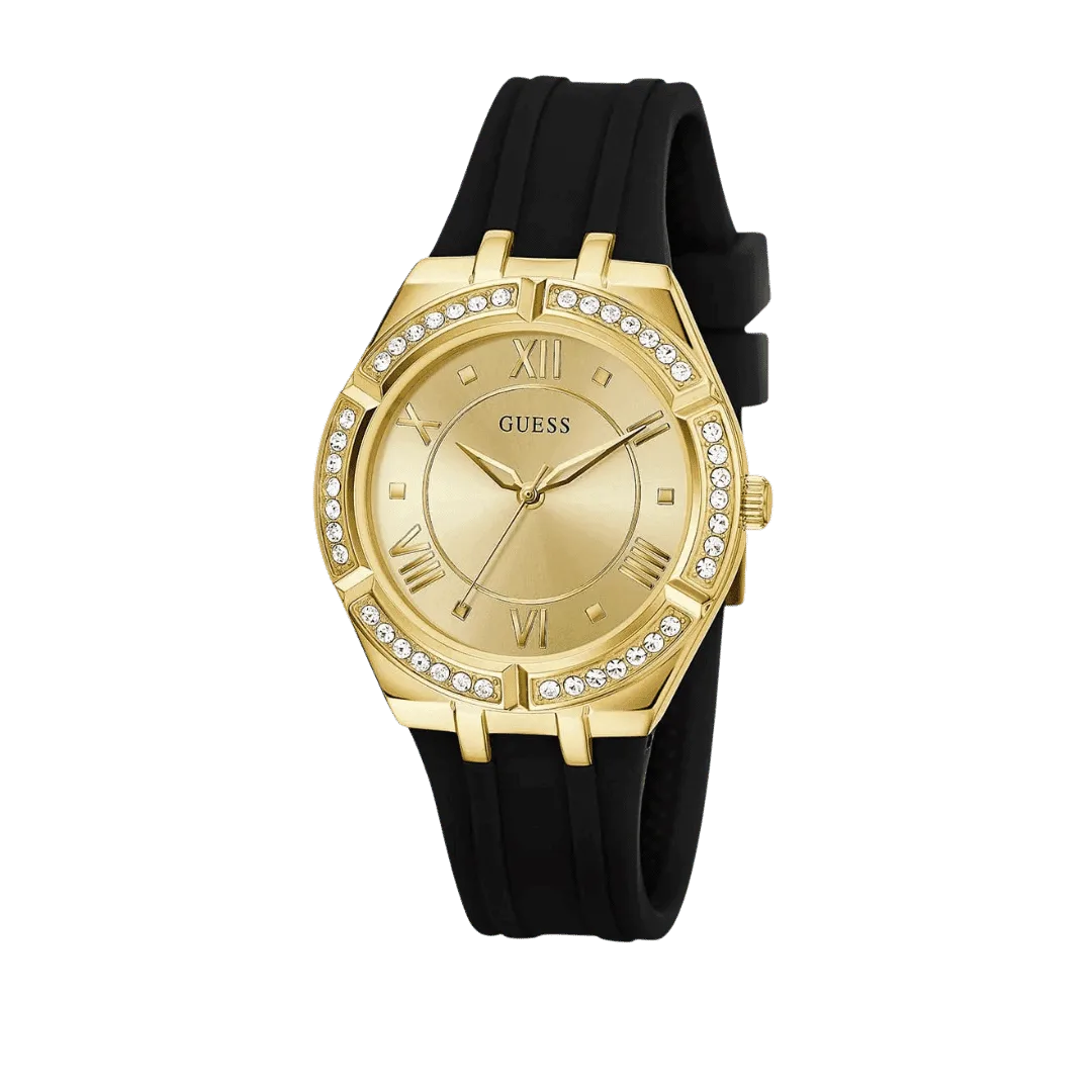 Original GUESS - GW0034L1 - WATCH FOR LADIES GOLD WITH CRYSTALS & BLACK SILICONE STRAP ROMAN NUMBERS - 36mm-2
