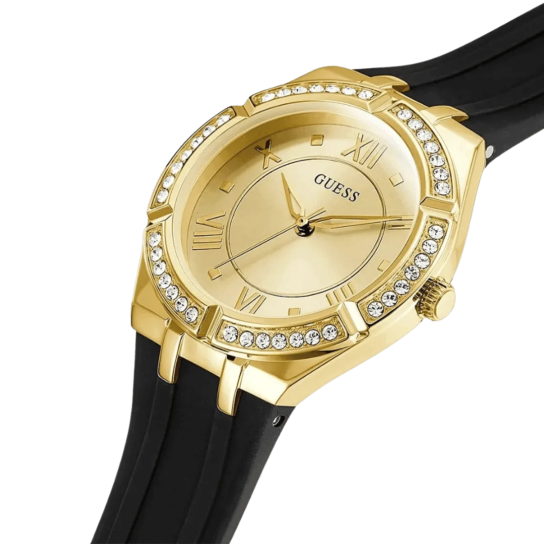 Original GUESS - GW0034L1 - WATCH FOR LADIES GOLD WITH CRYSTALS & BLACK SILICONE STRAP ROMAN NUMBERS - 36mm-3