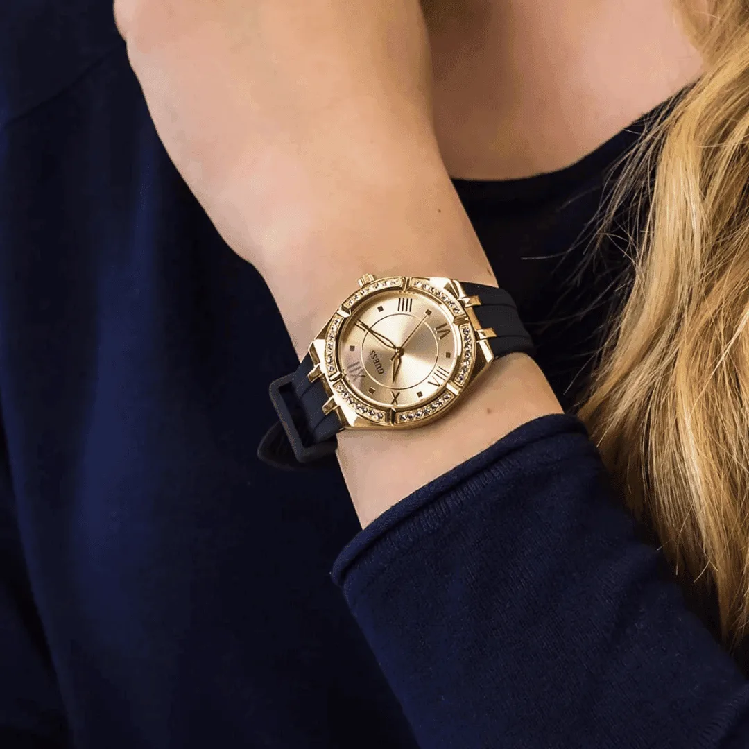 Original GUESS - GW0034L1 - WATCH FOR LADIES GOLD WITH CRYSTALS & BLACK SILICONE STRAP ROMAN NUMBERS - 36mm-7