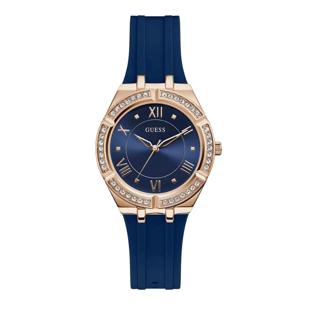 Original GUESS - GW0034L4 - WATCH FOR LADIES ROSE GOLD WITH CRYSTALS & BLUE SILICONE STRAP ROMAN NUMBERS-1