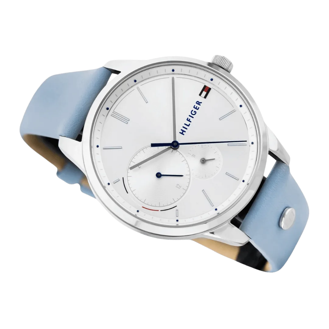 Original Tommy Hilfiger 1782023 Leather Round Analog Water Resistant Watch for Women - Baby Blue - 38mm-3