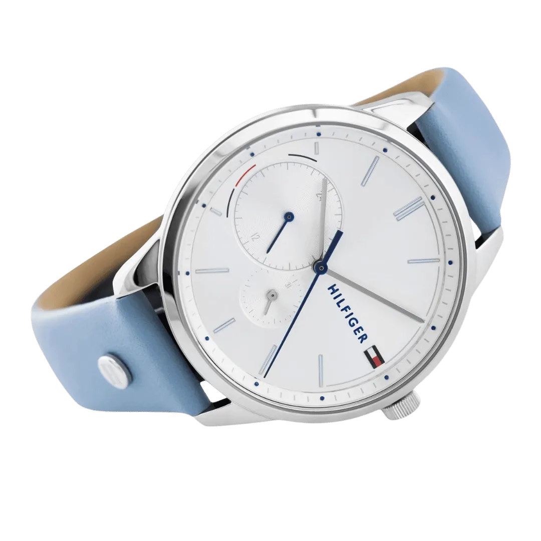 Original Tommy Hilfiger 1782023 Leather Round Analog Water Resistant Watch for Women - Baby Blue - 38mm-4