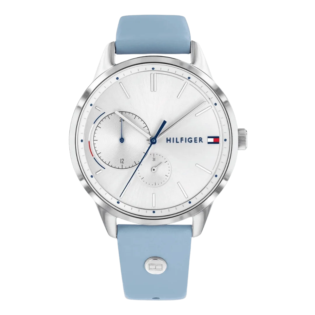 Original Tommy Hilfiger 1782023 Leather Round Analog Water Resistant Watch for Women - Baby Blue - 38mm-Original Tommy Hilfiger Women's Quartz Watch with Silicone Strap White 20 Model 1782388-38mm-1