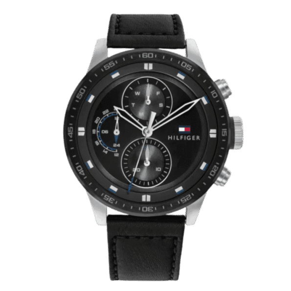 Original Tommy Hilfiger Analogue Multifunction Quartz Watch for Men with Black Leather Strap and black dial - 1791810- 46mm-1