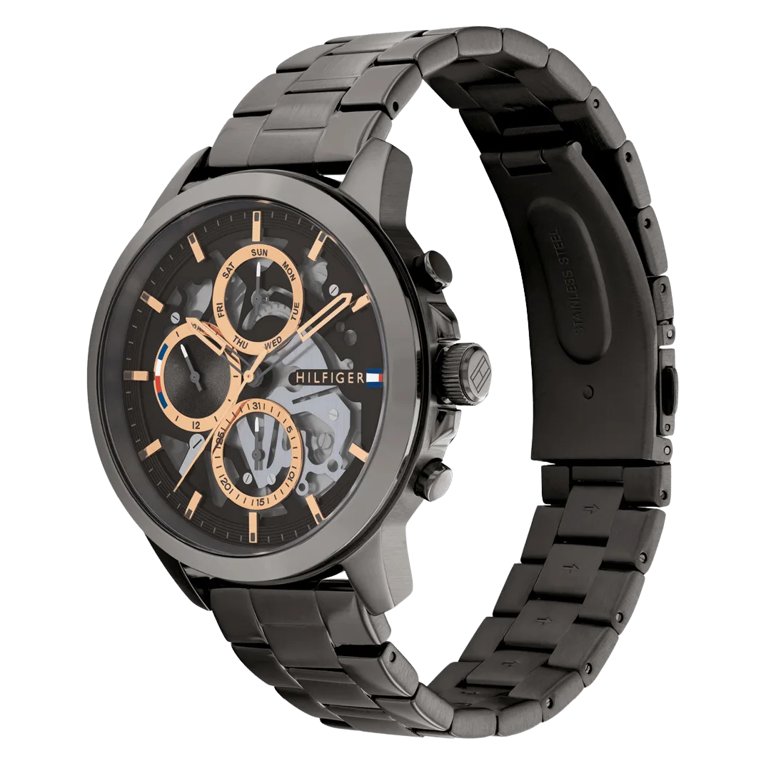 Original Tommy Hilfiger Analogue Multifunction Quartz Watch for Men with Gunmetal Stainless Steel Bracelet-1710479-Black dial with Black metal band-44mm-1