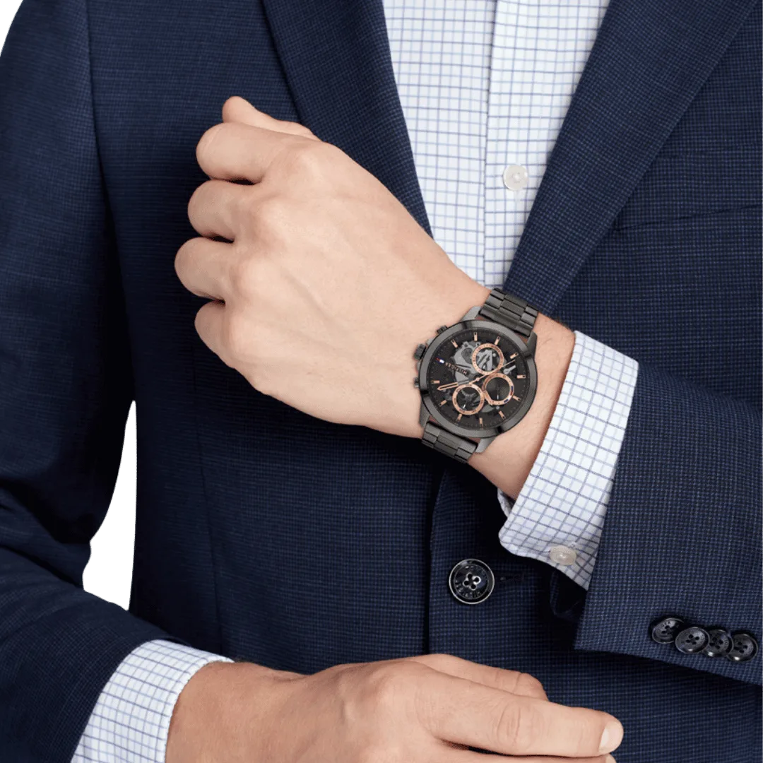 Original Tommy Hilfiger Analogue Multifunction Quartz Watch for Men with Gunmetal Stainless Steel Bracelet-1710479-Black dial with Black metal band-44mm-6