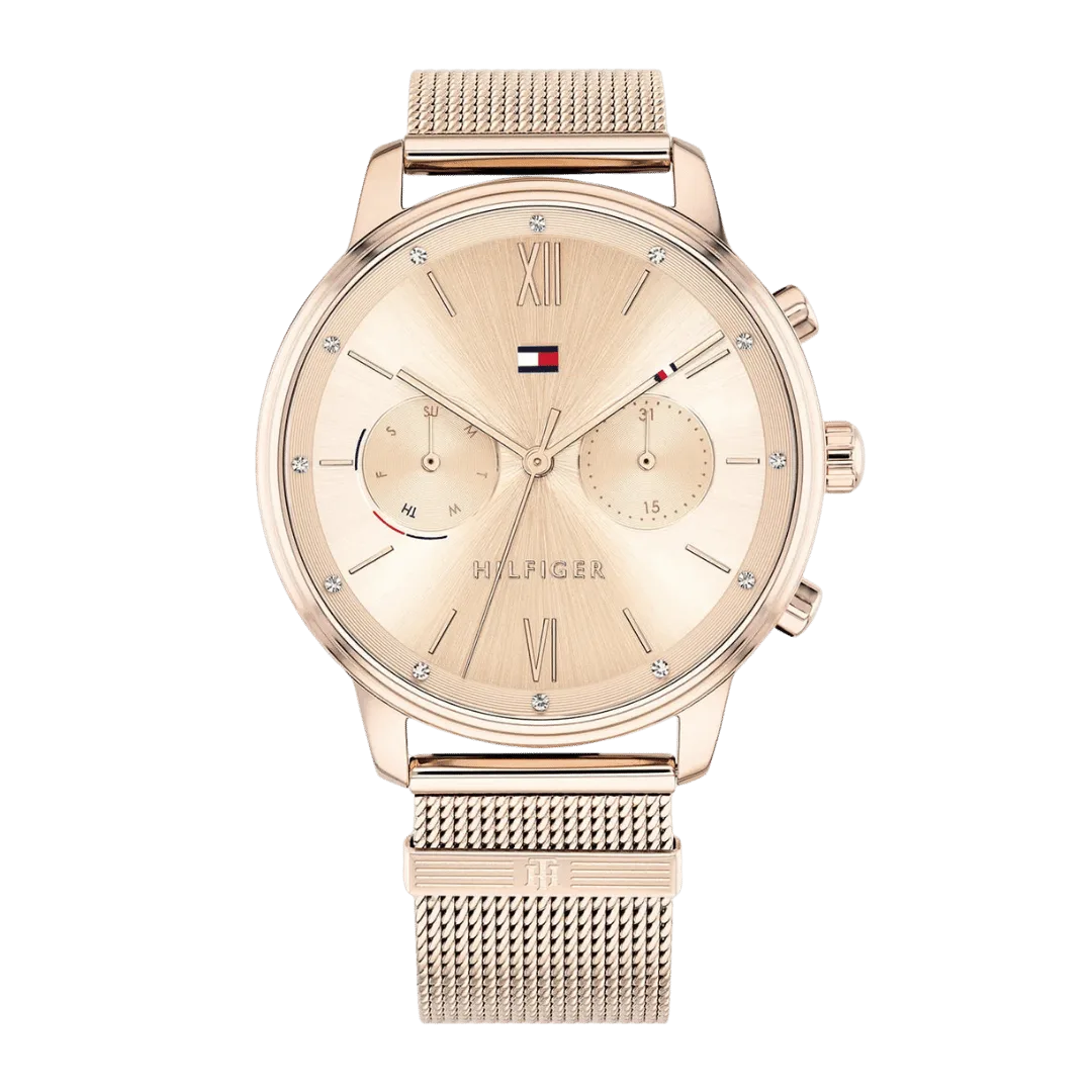 Original Tommy Hilfiger Analogue Multifunction Quartz Watch for Women with Rose Gold Colored Stainless Steel mesh Bracelet-1782303-38mm-1 Original Tommy Hilfiger Analogue Multifunction Quartz Watch for Women with Rose Gold Colored Stainless Steel mesh Bracelet-1782303-38mm-1