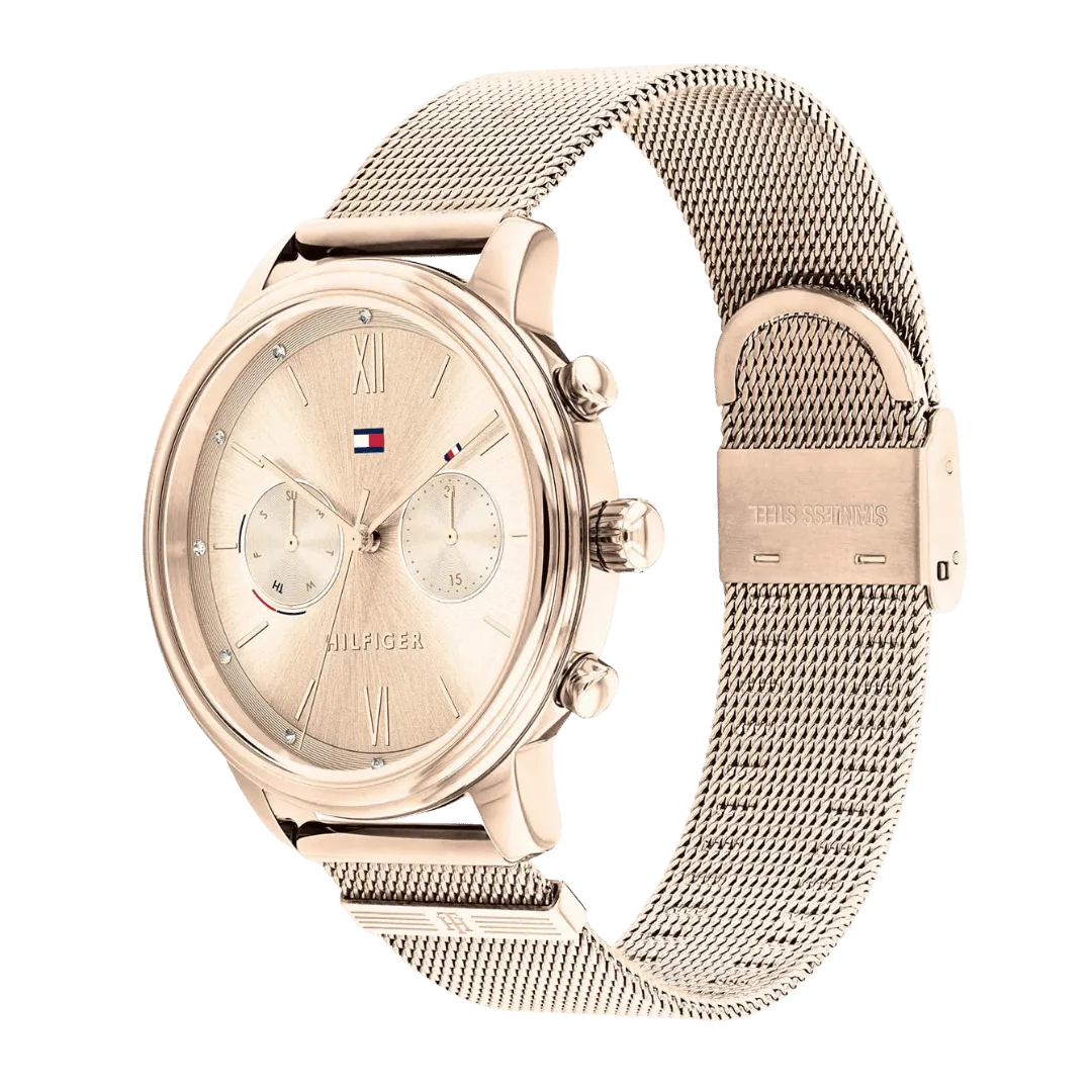 Original Tommy Hilfiger Analogue Multifunction Quartz Watch for Women with Rose Gold Colored Stainless Steel mesh Bracelet-1782303-38mm-2 Original Tommy Hilfiger Analogue Multifunction Quartz Watch for Women with Rose Gold Colored Stainless Steel mesh Bracelet-1782303-38mm-2