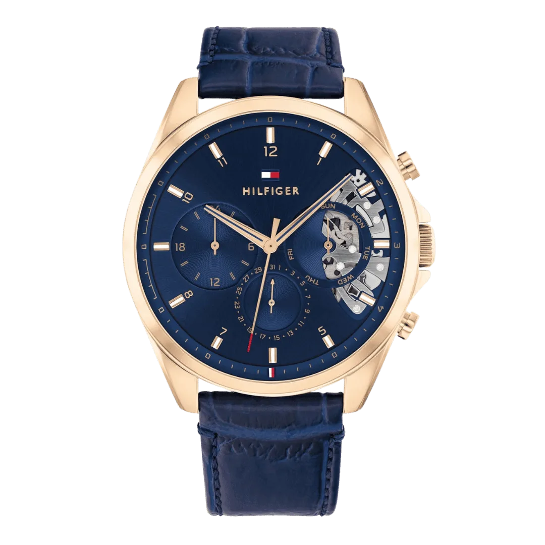 Original Tommy Hilfiger Baker Multifunction Blue Dial Leather Strap Men’s Watch – 1710451 -43.5mm-1