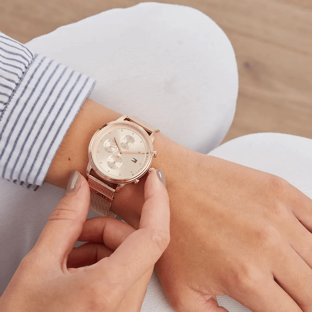 Original Tommy Hilfiger Blake Women's Rose Gold Dial Gold Plated Band Watch-1781907-38mm-10 Original Tommy Hilfiger Blake Women's Rose Gold Dial Gold Plated Band Watch-1781907-38mm-10