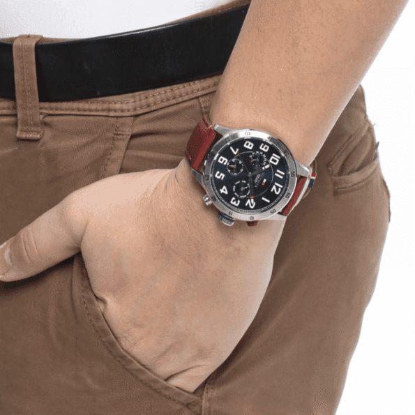 Original Tommy Hilfiger Men's 1791066 Stainless Steel Case Watch with Brown Leather Strap, Blue dial, Band-5