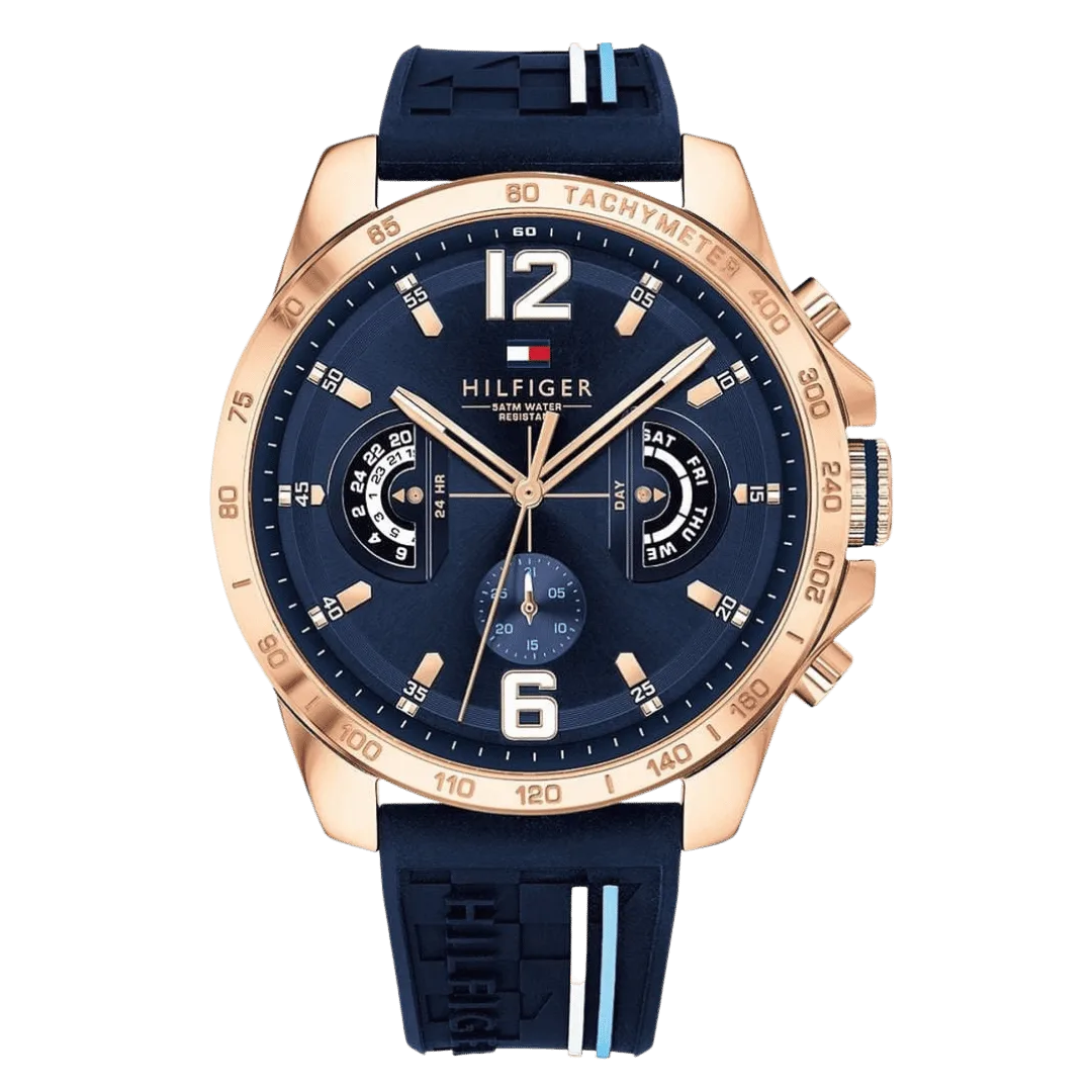 Original Tommy Hilfiger Men's 46mm Analogue Multifunction Quartz Watch - Navy Blue Dial with Silicone Strap, Day, Date, and 24-Hour Functions, 5ATM Water Resistant - 1791474 -1