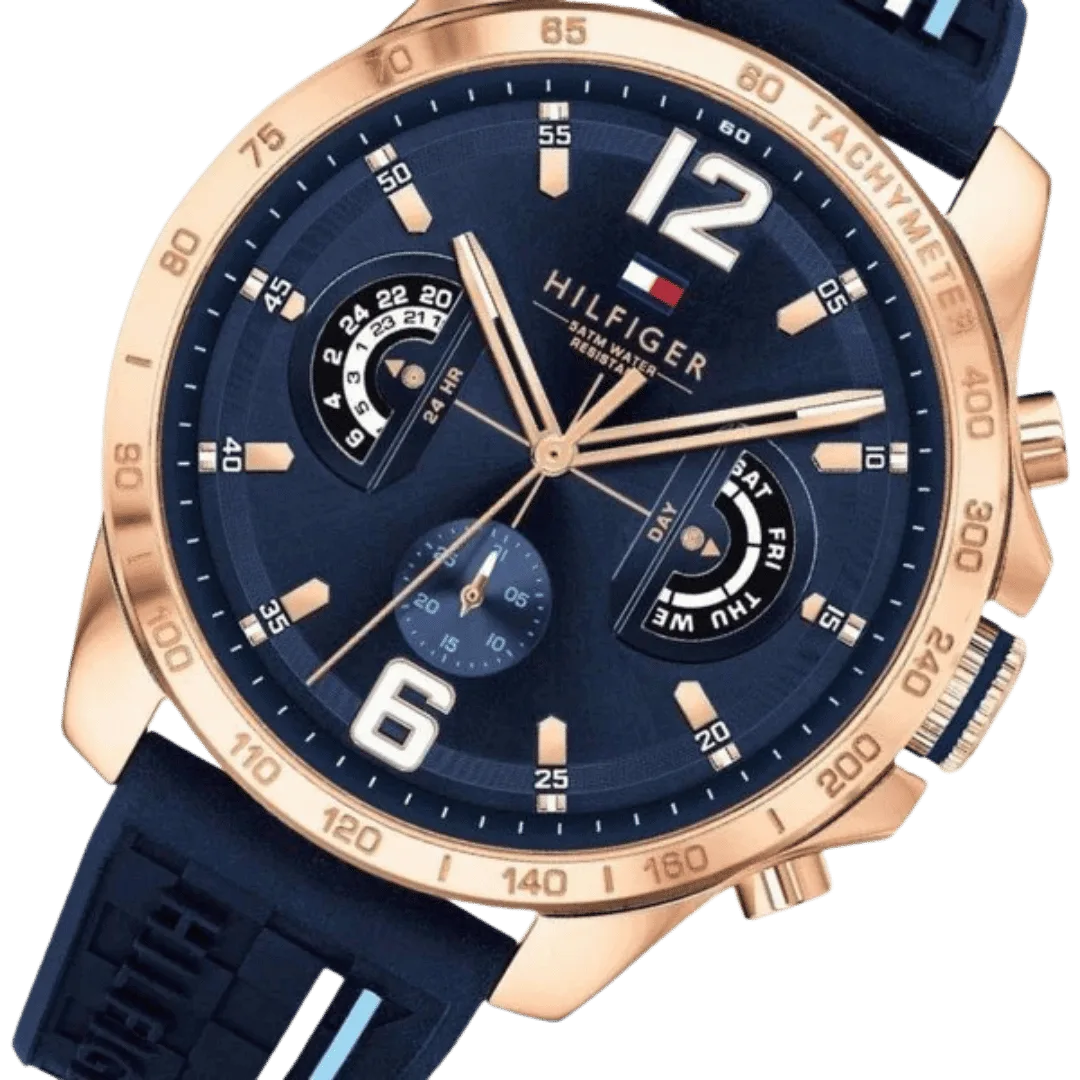 Original Tommy Hilfiger Men's 46mm Analogue Multifunction Quartz Watch - Navy Blue Dial with Silicone Strap, Day, Date, and 24-Hour Functions, 5ATM Water Resistant - 1791474 -2