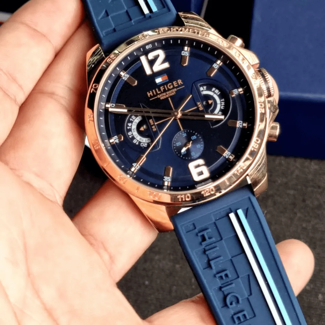 Original Tommy Hilfiger Men's 46mm Analogue Multifunction Quartz Watch - Navy Blue Dial with Silicone Strap, Day, Date, and 24-Hour Functions, 5ATM Water Resistant - 1791474 -5