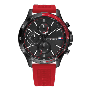 Original Tommy Hilfiger Men's Analogue Quartz Watch with Red Silicone Strap 1791722, Black Dial, 1791722- 46mm-1