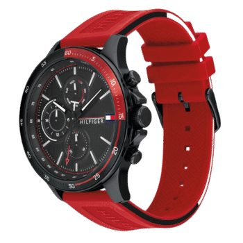 Original Tommy Hilfiger Men's Analogue Quartz Watch with Red Silicone Strap 1791722, Black Dial, 1791722- 46mm-2