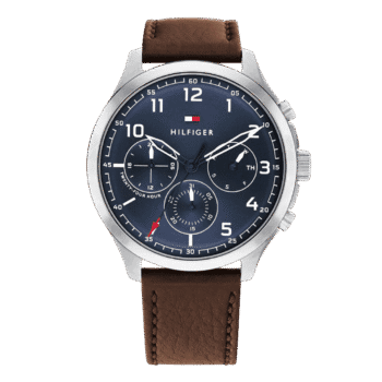 Original Tommy Hilfiger Men's Qtz Multifunction Stainless Steel Case and Leather Strap Casual Watch Color Brown Model 1791855 Brown, Quartz Watch-1
