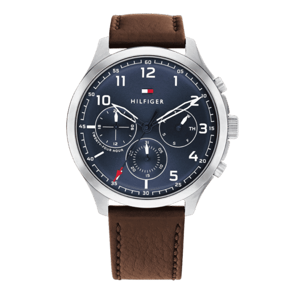 Original Tommy Hilfiger Men's Qtz Multifunction Stainless Steel Case and Leather Strap Casual Watch Color Brown Model 1791855 Brown, Quartz Watch-1