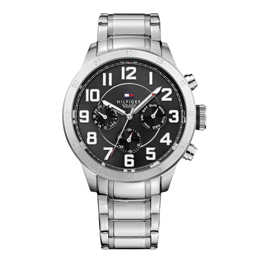 Original Tommy Hilfiger Trent For Men Black Dial Stainless Steel Band Chronograph Watch 1791054-46mm-1