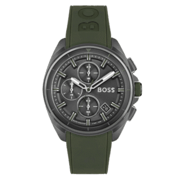 BOSS Volane Men's Chronograph Stainless Steel and Silicone Strap Watch Color Green Model 1513952 44mm-1