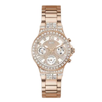Original GUESS GW0320L3 Ladies Sport Multifunction Glitz with Crystals 36mm Watch – Pink Dial Rose Gold-Tone Stainless Steel Case & Bracelet