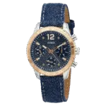 Original Guess W1057L1 Chronograph Contrast Round Genuine Leather-Stitched Analog Watch for Women-Blue-38mm-2