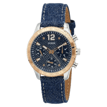 Original Guess W1057L1 Chronograph Contrast Round Genuine Leather-Stitched Analog Watch for Women-Blue-38mm-2