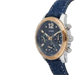 Original Guess W1057L1 Chronograph Contrast Round Genuine Leather-Stitched Analog Watch for Women-Blue-38mm-2