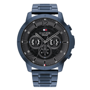 Original TOMMY HILFIGER LUCA MEN's GREY DIAL, IONIC PLATED BLUE STEEL WATCH - 1710493