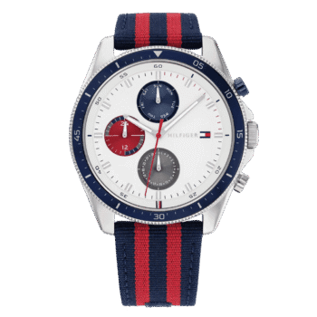 Original Tommy Hilfiger Analogue Multifunction Quartz Watch for Men with Red and Blue Nylon Strap-1792035-1