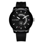Original Tommy Hilfiger Denim Men's Black Dial Silicone Band Watch Black-1791483-44mm-1