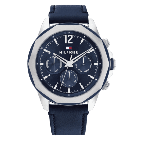 Original Tommy Hilfiger Men's Multifunction Stainless Steel Case and Leather Strap Watch Color Navy Model 1792063 Navy-1