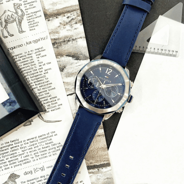 Original Tommy Hilfiger Men's Multifunction Stainless Steel Case and Leather Strap Watch Color Navy Model 1792063 Navy-4