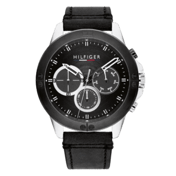 Original Tommy Hilfiger Men's Quartz Multifunction Stainless Steel and Leather Strap Watch, Color: Black (Model: 1791894), black, Quartz Watch