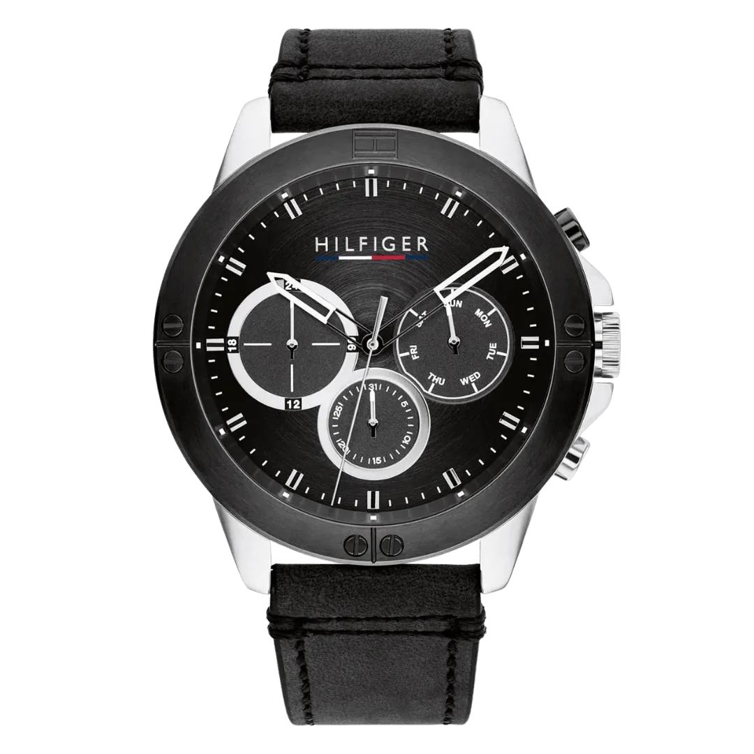 Original Tommy Hilfiger Men's Quartz Multifunction Stainless Steel and Leather Strap Watch Color Black Model 1791894 black Quartz Watch-1