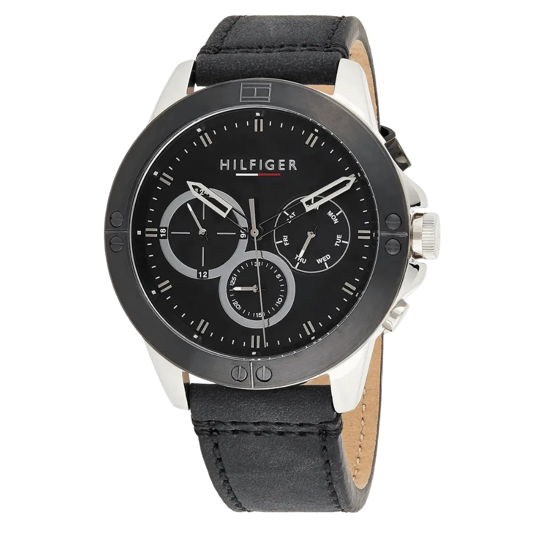 Original Tommy Hilfiger Men's Quartz Multifunction Stainless Steel and Leather Strap Watch Color Black Model 1791894 black Quartz Watch-2