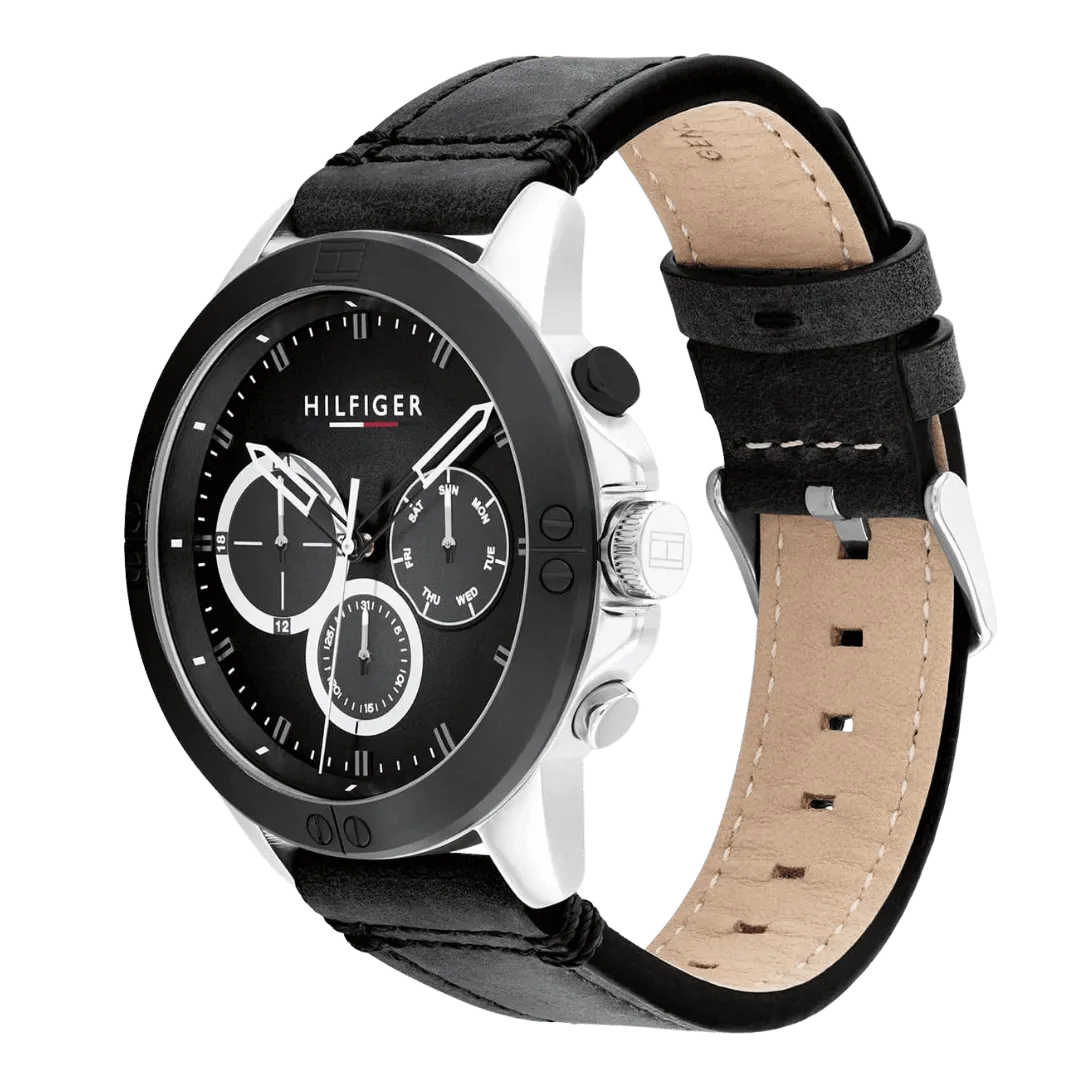 Original Tommy Hilfiger Men's Quartz Multifunction Stainless Steel and Leather Strap Watch Color Black Model 1791894 black Quartz Watch-3