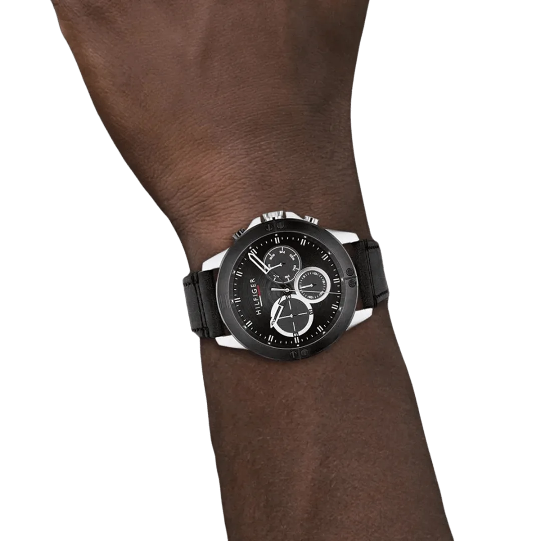 Original Tommy Hilfiger Men's Quartz Multifunction Stainless Steel and Leather Strap Watch Color Black Model 1791894 black Quartz Watch-7