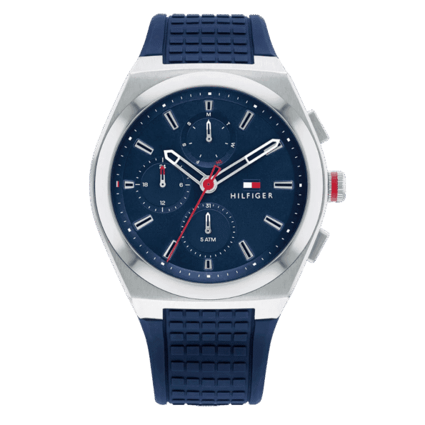 Original Tommy Hilfiger Men's Quartz Multifunction Stainless Steel and Silicone Strap Watch Color Blue Model 1791899 blue Quartz Watch-1