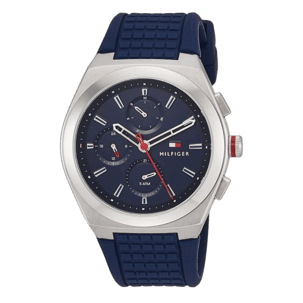 Original Tommy Hilfiger Men's Quartz Multifunction Stainless Steel and Silicone Strap Watch Color Blue Model 1791899 blue Quartz Watch-2