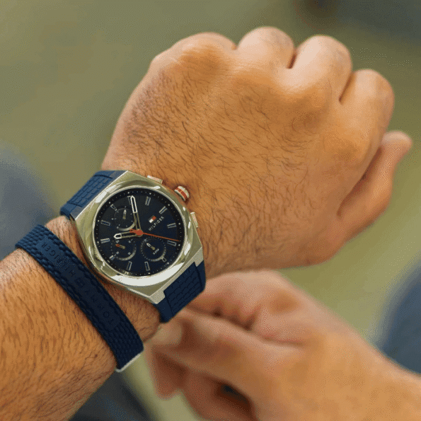 Original Tommy Hilfiger Men's Quartz Multifunction Stainless Steel and Silicone Strap Watch Color Blue Model 1791899 blue Quartz Watch-5