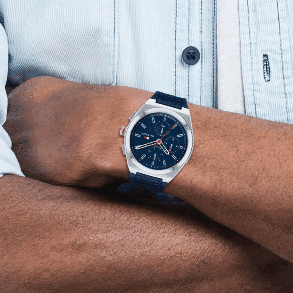 Original Tommy Hilfiger Men's Quartz Multifunction Stainless Steel and Silicone Strap Watch Color Blue Model 1791899 blue Quartz Watch-6