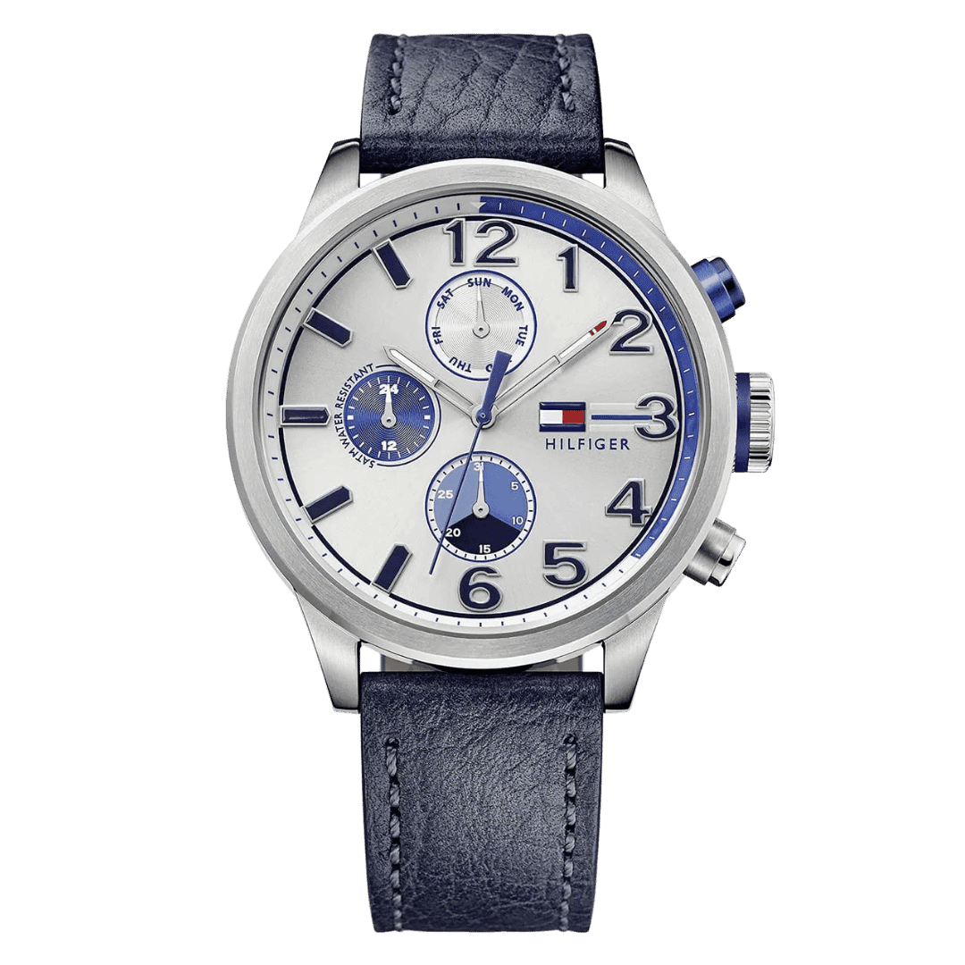 Original Tommy Hilfiger Men's Silver Dial Leather Band Watch-1791240-1