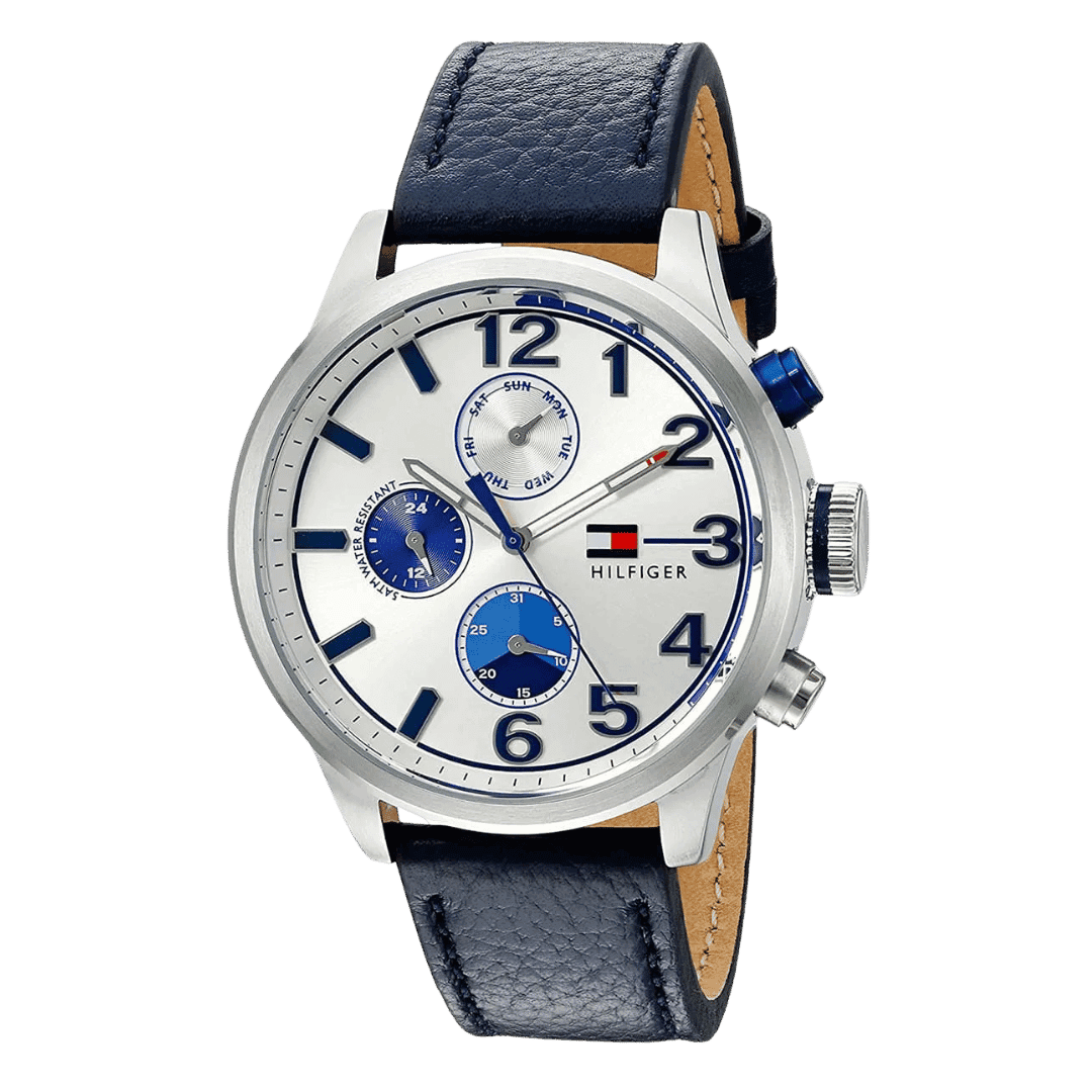 Original Tommy Hilfiger Men's Silver Dial Leather Band Watch-1791240-2